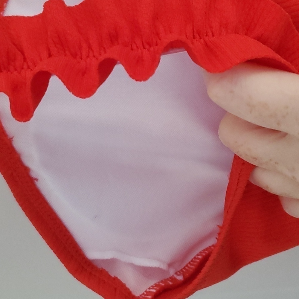 Red Ruffled Strap Ribbed Bathing Suit - Picture 4 of 6